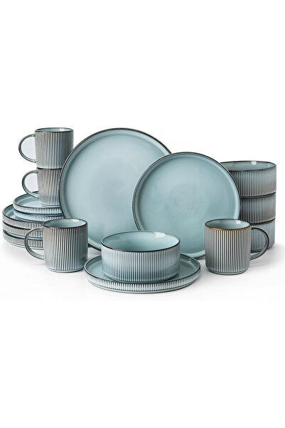 Callena Set de cină, 16 piese, ceramică glazurată albastru-verde, albastru fu...