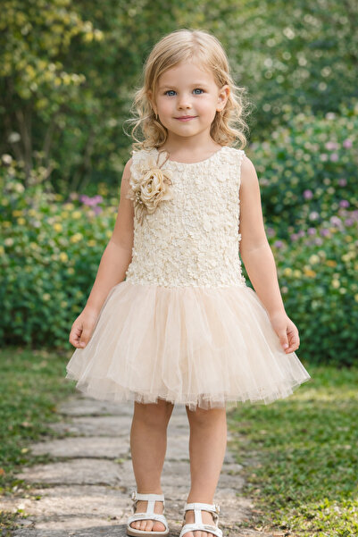 Mika Bebek & Çocuk Kız Çocuk Krem Çiçekli Tüllü Jile Abiye Elbise