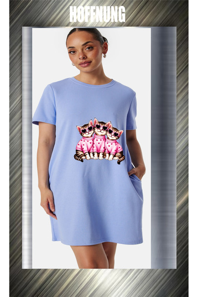 HOFFNUNG Unisex Short Sleeve Round Neck 3Cats Printed Solid Color Long Tshirt