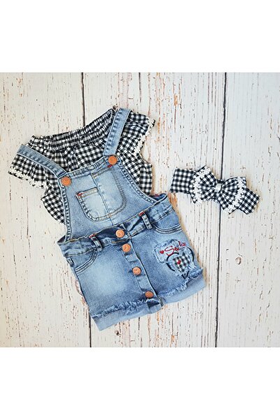 Sealy Compleu din 3 piese, sarafan denim, varsta 4 ani, 104 cm, Negru/Alb