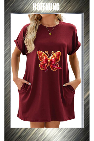 HOFFNUNG Unisex Short Sleeve Round Neck Red Butterfly Printed Solid Color Lon...