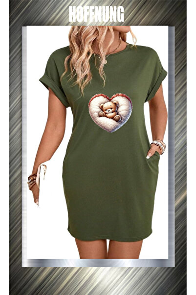 HOFFNUNG Unisex Short Sleeve Round Neck Sleeping Heart Bear Printed Solid Col...