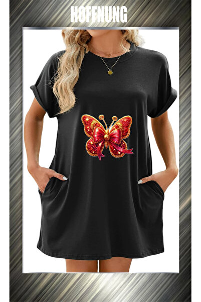 HOFFNUNG Unisex Short Sleeve Round Neck Red Butterfly Printed Solid Color Lon...