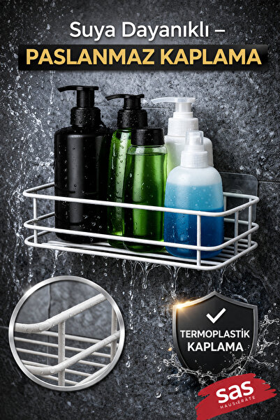 Sas Haus Tekli Beyaz Yapışkanlı Banyo Rafı + 2’li Askı Kanca Seti – Metal Duş...