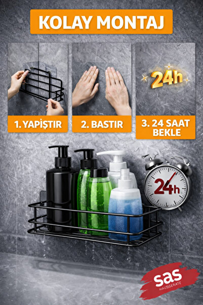 Sas Haus Tekli Siyah Yapışkanlı Banyo Rafı, 2 Telli Duş Şampuanlık, Metal Raf (Vidala/Yapıştır)