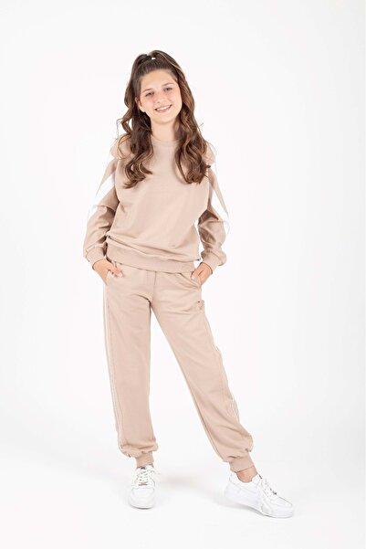 s.t. sebat tekstil Girl's Bat Sleeve Style Tracksuit Set Beige