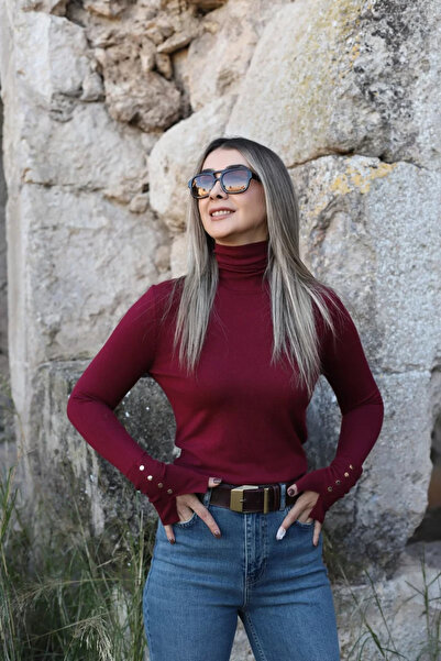 bytugcekaya Burgundy fisherman neck standard size sleeve drop sweater