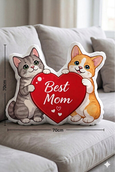Piloji Anneler Günü Özel: Kedili Kalp Tasarımlı Şekilli Yastık - Best Mom Tem...