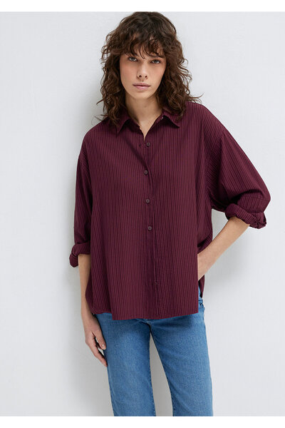 Mavi Çizgili Bordo Gömlek Oversize / Geniş Kesim 1210878-70434