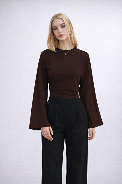 Avakado Kahverengi Modal Bluz Bele Oturan Bisiklet Yaka Geniş Kollu Basic Üst