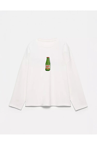 Disante %100 Pamuk Oversize Fit Soda Bottle Baskılı - Bisiklet Yaka Uzun Koll...