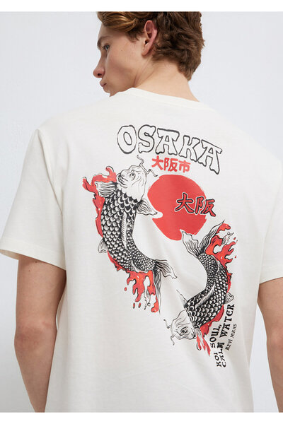 Mavi Osaka bedrucktes Ecru-T-Shirt, lockere Passform / lockerer, bequemer Sch...