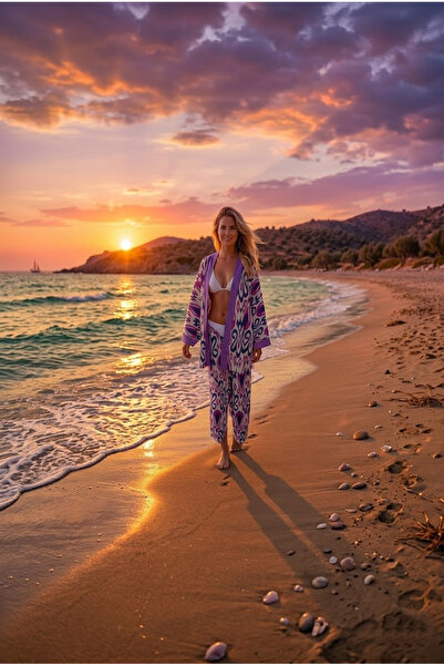 Kaftan Collection Kimono și caftan cu pantaloni cu model Ikat