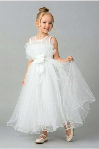 s.t. sebat tekstil Organza Fabric Girls' Evening Dress Sb475 White