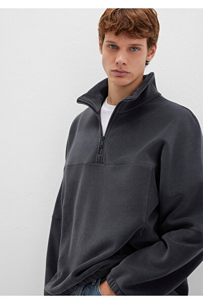 Mavi Anthrazitfarbenes Fleece-Sweatshirt mit Stehkragen, lockere Passform / l...