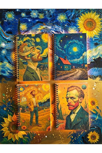 Pridas Van Gogh Temalı Vintage Çizgisiz 4lü A6 Kraft Defter Seti