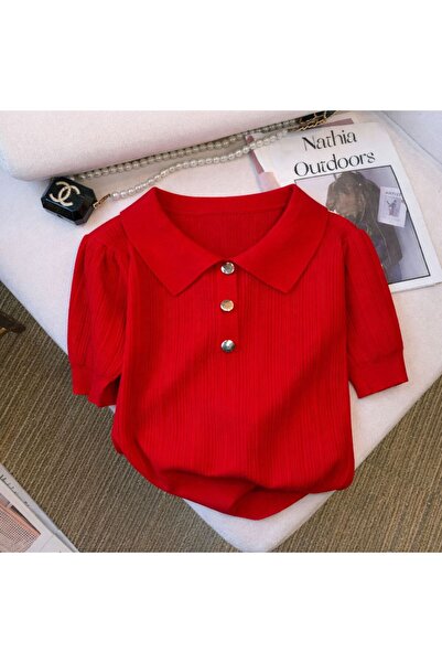 nathia outdoors Triko Örme Gümüş Gri Düğme Detaylı Kadın T-Shirt