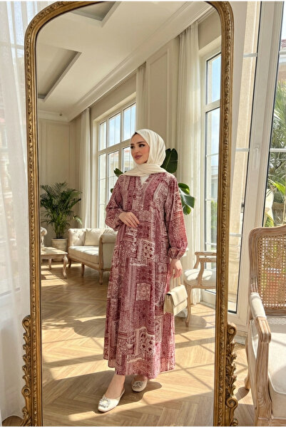 Kirazca Butik فستان ماكسي نسائي بوهيمي مطبوع بنقوش عرقية - بأكمام بالونية