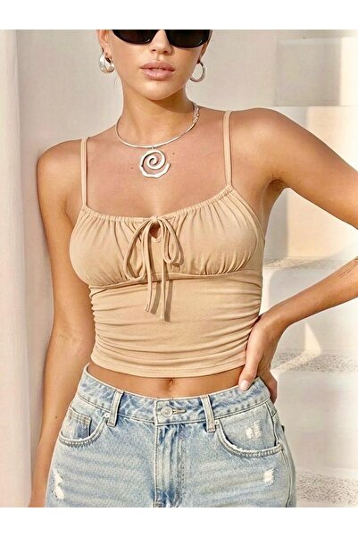 boutiquen 2547 Beige Strappy Blouse with Lace-Up Front