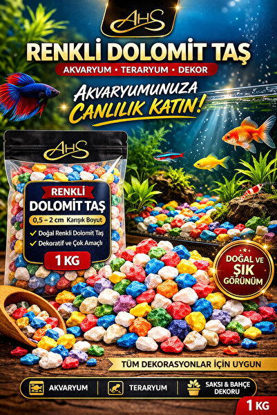 AHS Renkli Dolomit Taş 1 Kg 05-2 Cm Akvaryum Teraryum Fanus Süsleme Bahçe Süs...