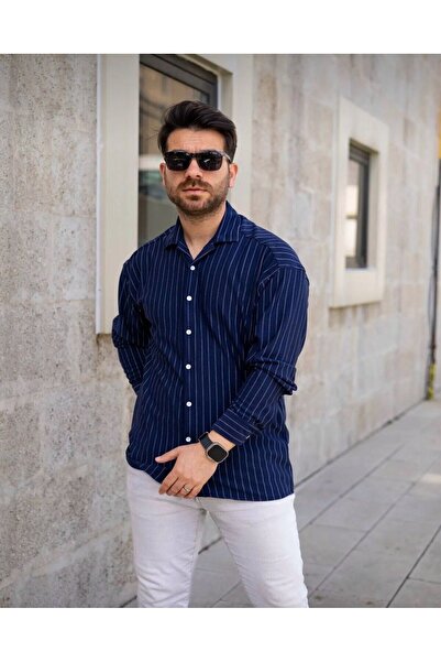 Butik Erkek Çizgili Krep Kumaş Uzun Kollu Gömlek - Rahat Kalıp