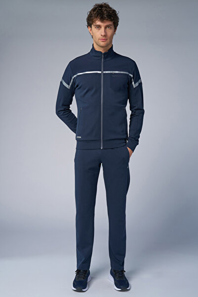 bilcee Men's Dark Navy Blue Stand Collar Lycra Cotton Tracksuit Set 3973