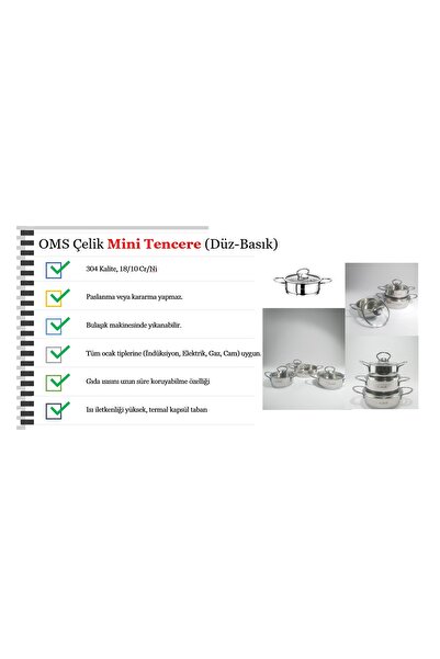 OMS PASLANMAZ 2008 2 Parça Paslanmaz Çelik 12x5 Cm 0,50 Litre ( Çift Kulplu ) Mini Çelik Tencere
