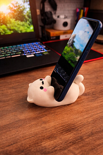 KIZILAKSAM Sevimli Kedi Figürlü Telefon Tutucu Masaüstü Dekoratif Telefon Sta...