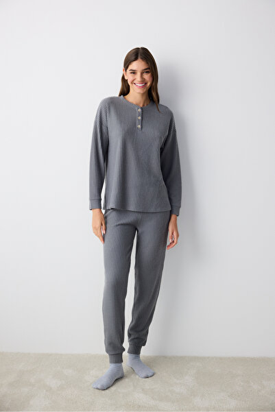 Penti Dark Gray Waffle Dark Gray Pants Pajama Set