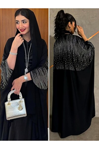 Noon Noora عباية سوداء أنيقة مفتوحة من الأمام - رداء كارديجان إسلامي مرصع بأح...