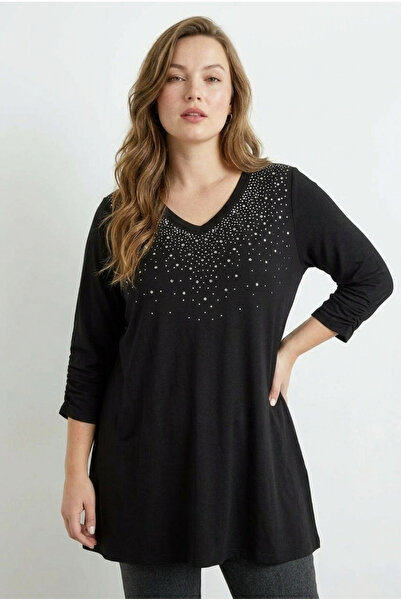 Stil Diva Bluză cu mâneci brodate cu piatră cu decolteu în V de mărime mare 3...