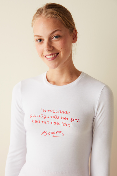 Penti Beyaz Slogan Baskılı Uzun Kol Üst