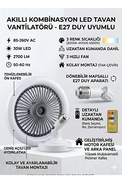 Senipa Vantilatör Dimlenebilir 3 Renk Led Işıklı 3 Kademe Hız Kumandalı Sabit...