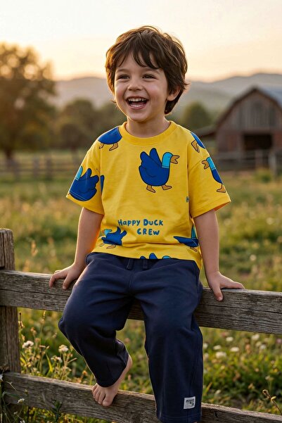 ZUZUNGA Happy Duck Printed Boy's Bottom - Top Set 100% Cotton Yellow Navy Blue