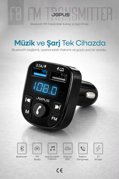 Jopus FM Transmitter Bluetooth Araç Kiti – Oto MP3 Çalar, Çakmaklık Şarj Alet...