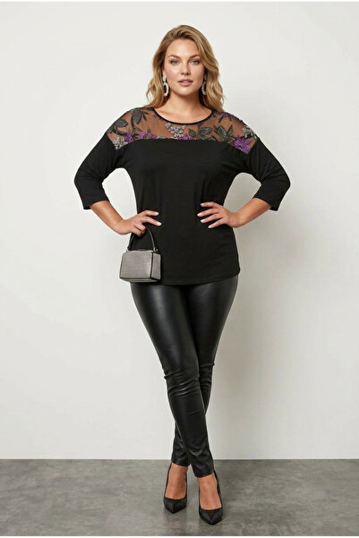 Stil Diva Bluză din tul lycra cu mânecă lungă, mărime mare, cu decolteu și mâ...