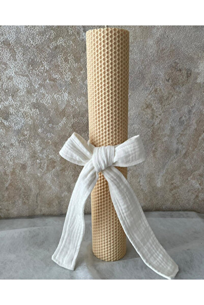 OEMN Lumânare botez din ceară naturală cu fundă din muselină