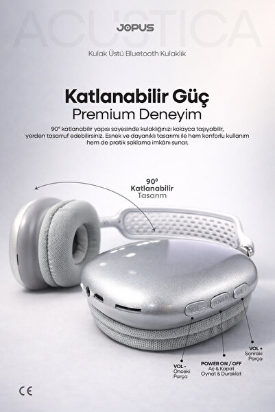 Jopus Bluetooth Kulaklık iOS Android Uyumlu Yüksek Ses Kalitesi Mikrofonlu Kulaklık Acustica Gri