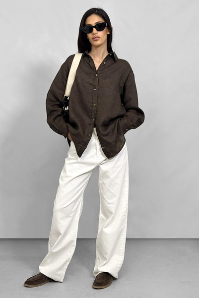NİLİST Wide leg Bol Paça İşleme Detaylı Kadın Ekru Denim Jean Kot Pantolon