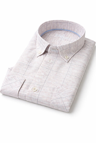 Varetta Ανδρικό κοντομάνικο πουκάμισο με διπλές τσέπες, καρό, ροζ με εφέ λινό