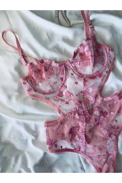 ROZENİN LINGERIE Pembe Kalpli Brode Balenli Kapsız Bodysuit