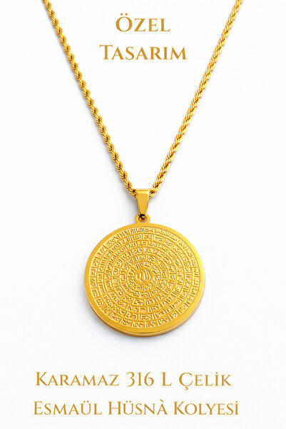TWOGAN Esmaül Hüsna, Allah'ın 99 İsmi Altın Renk, Çelik Esma Kadın Kolye Deta...