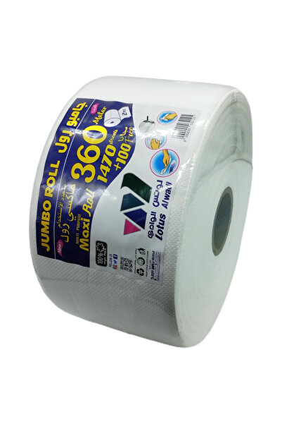 lotus alwadi Jumbo Tissue Roll (Multi-Purpose), 2-Ply, White, 360 Meters, 1470 Sheets + 100 Free Tissue - Maxi Ro