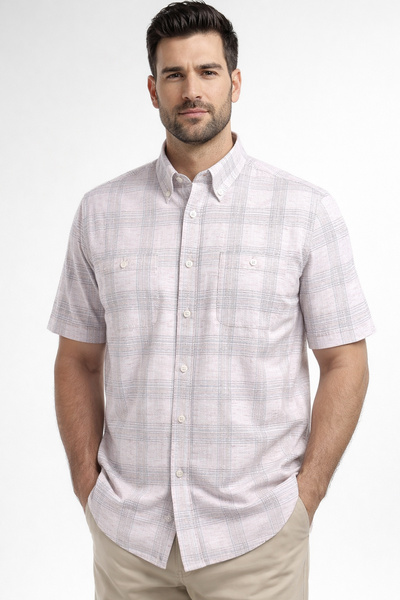 Varetta Cămașă pentru bărbați cu buzunare duble, mânecă scurtă, roz în carour...