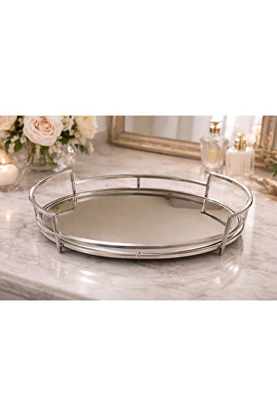 esdekor Oval Gümüş Renk Aynalı Metal Tepsi 36x22 cm 1 Adet Dekoratif Makyaj P...