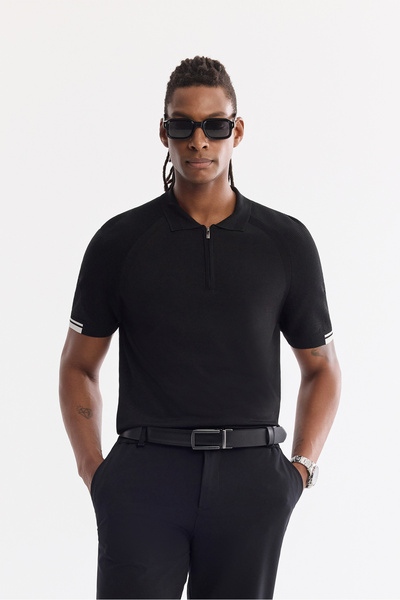 Avva Men's Black Polo Collar Zippered Rayon Blended Regular Fit Knitwear T-Sh...