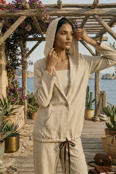 ARİNNASİDE Keten Karışımlı Kadın Kanguru Cepli Kapüşonlu Ceket