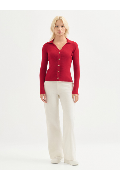 Karaca Kırmızı Polo Yaka Düğmeli Triko Hırka