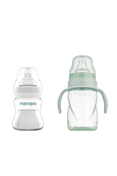 Mamajoo Silver Biberon 150 ml & Kulplu Eğitici Bardak 270 ml / Powder Green