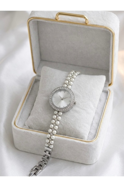 Spectrum Yuvarlak Kasa İnci Taşlı Kordon Kadın Kol Saati Gümüş